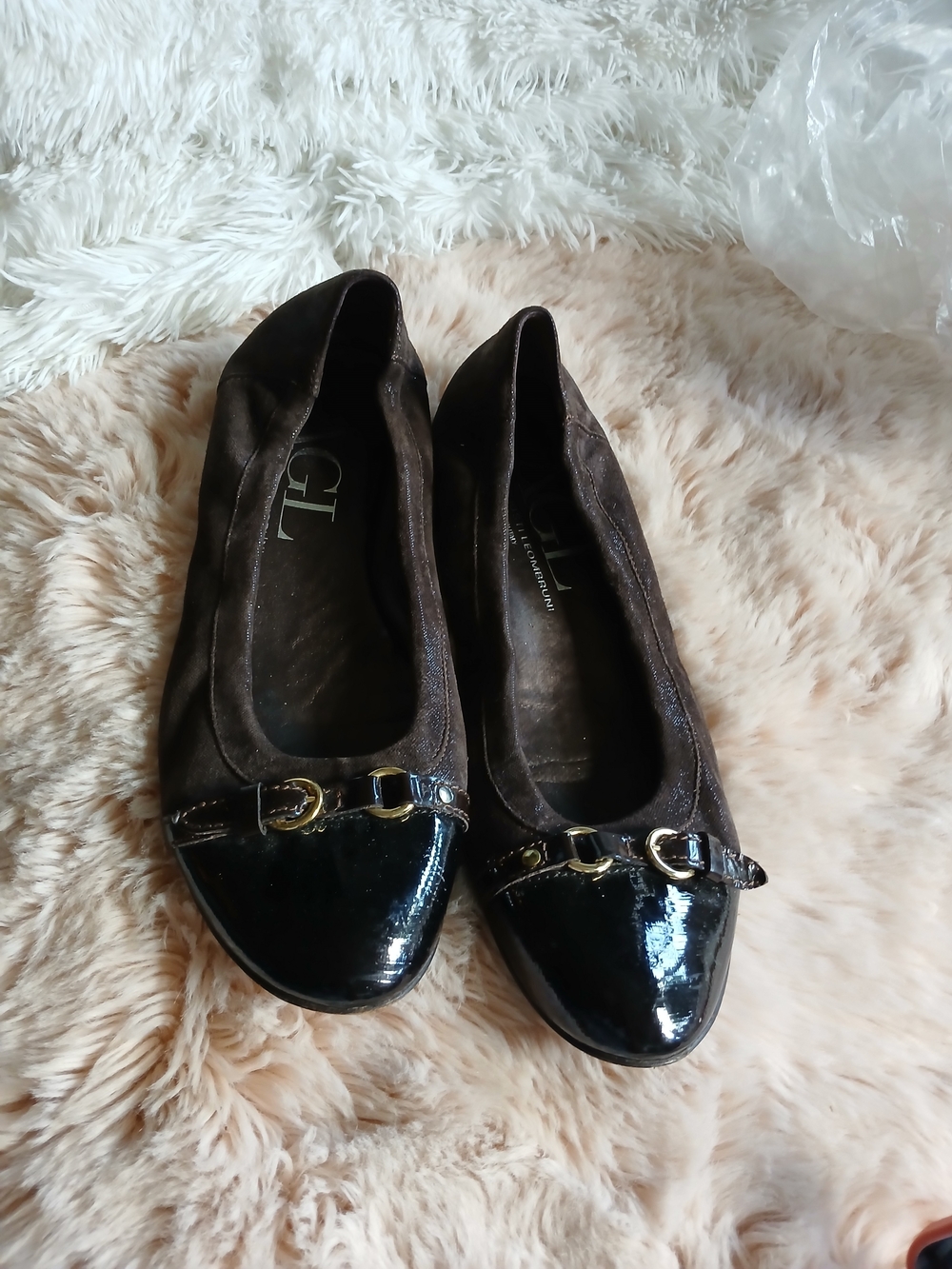 Agl Brown Suede and Black Patent Toe Ballet Flats with Gold Buckle